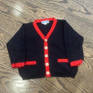Jacadi unisex cardigan. Size 6 months. Navy blue with red trim.